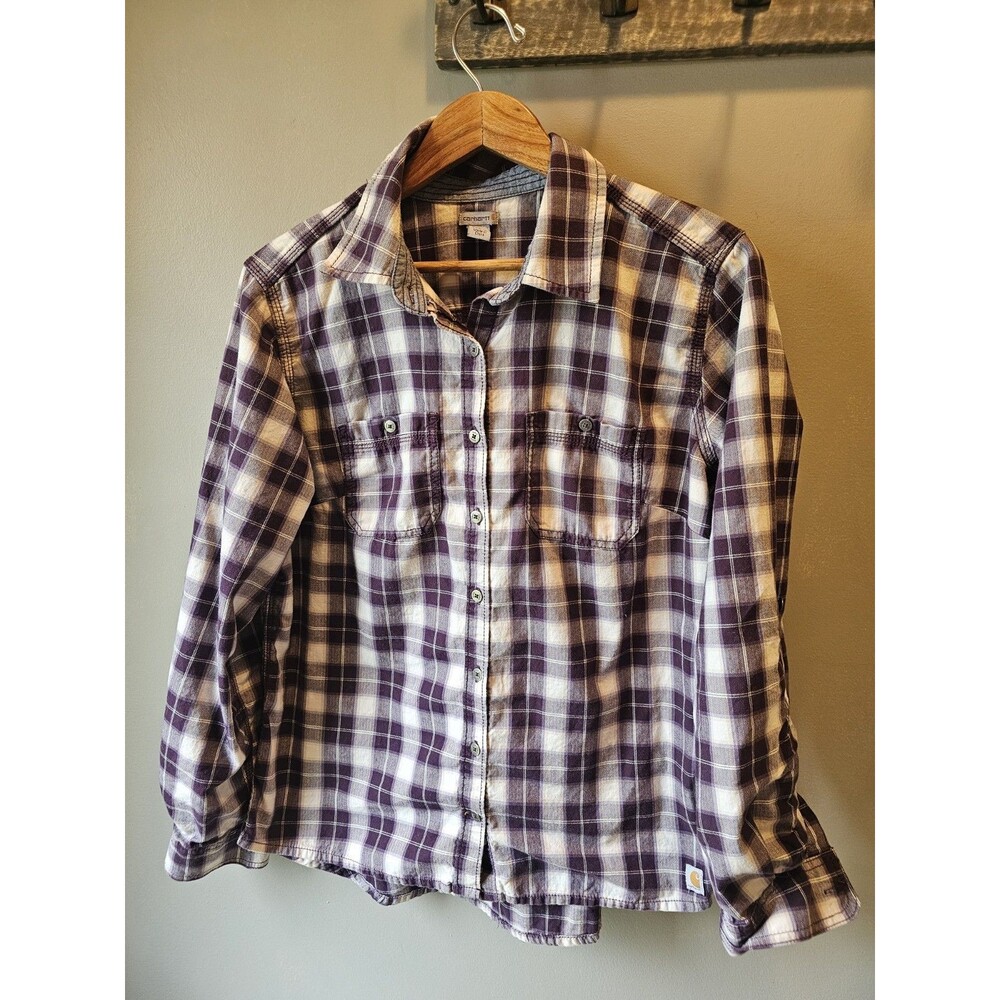 Carhartt Women’s Purple Plaid Cotton (97%) LS Button Shirt, L 12/14